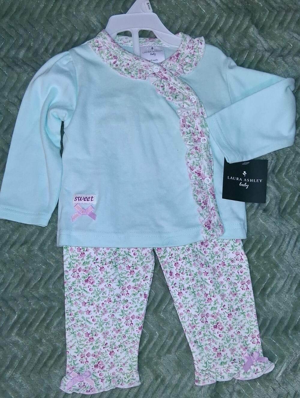 Laura Ashley Light Blue Top with Pink & Green Floral Trim Pajama Set